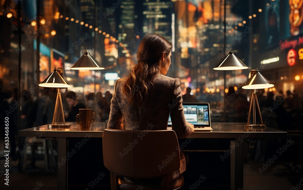 Rear View of Businesswoman Utilizing Laptop. Generative AI