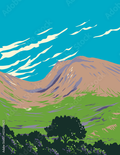 WPA poster art of Ben Nevis or Beinn Nibheis, the highest mountain in Scotland, the United Kingdom and the British Isles done in works project administration or Art Deco style.
