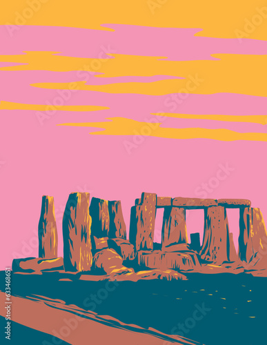 WPA poster art of Stonehenge, a prehistoric monument on Salisbury Plain in Wiltshire, England, the United Kingdom and the British Isles done in works project administration or Art Deco style.
