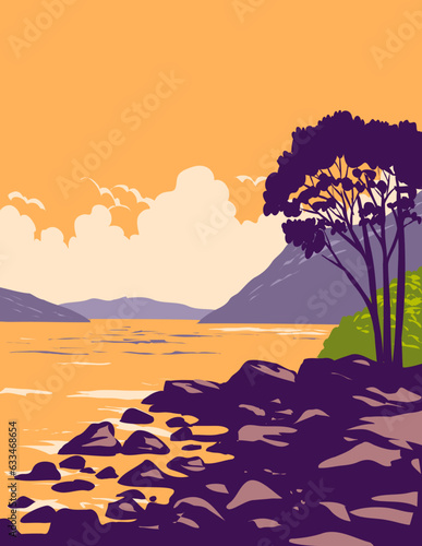 WPA poster art of Loch Ness and the Caledonian Canal in Scotland's Great Glen in the Scottish Highlands of Scotland done in works project administration or Art Deco style.
