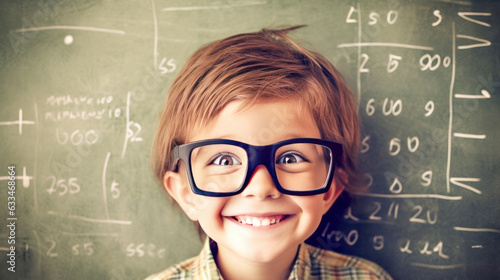 Curious smart boy in glasses against classroom whiteboard with math formulas background. Back to school.  © JuliaDorian