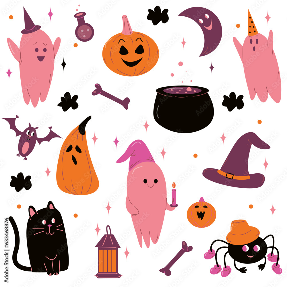 vector set for Halloween with cute ghosts, pumpkins, cat, bat, hat and other cute element in pink color vector set for Halloween with cute ghosts, pumpkins, cat, bat, hat and other cute element in pink color