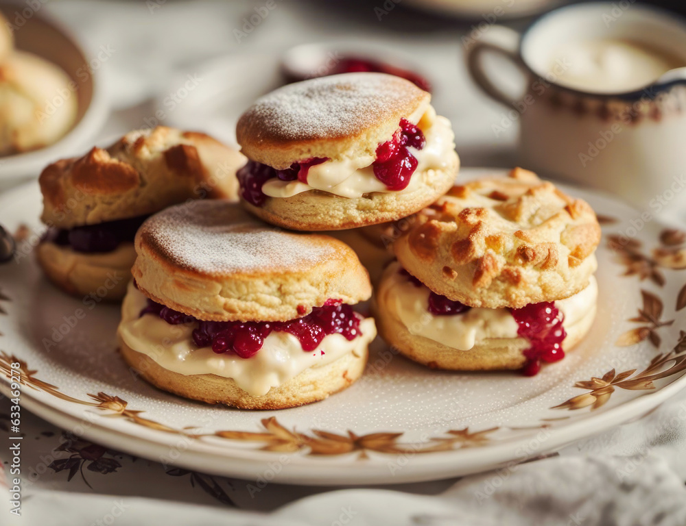Scones with jam and clotted cream on a plate Scones with jam and clotted cream on a plate