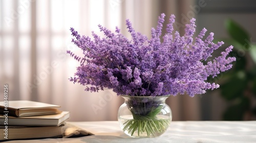  a vase filled with purple flowers sitting on top of a table. generative ai