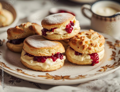 Scones with jam and clotted cream on a plate