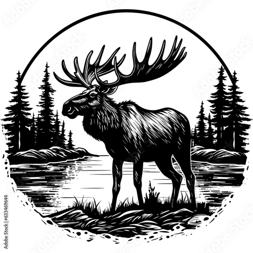 Moose elk in front of river surrounded by forest black logo vector