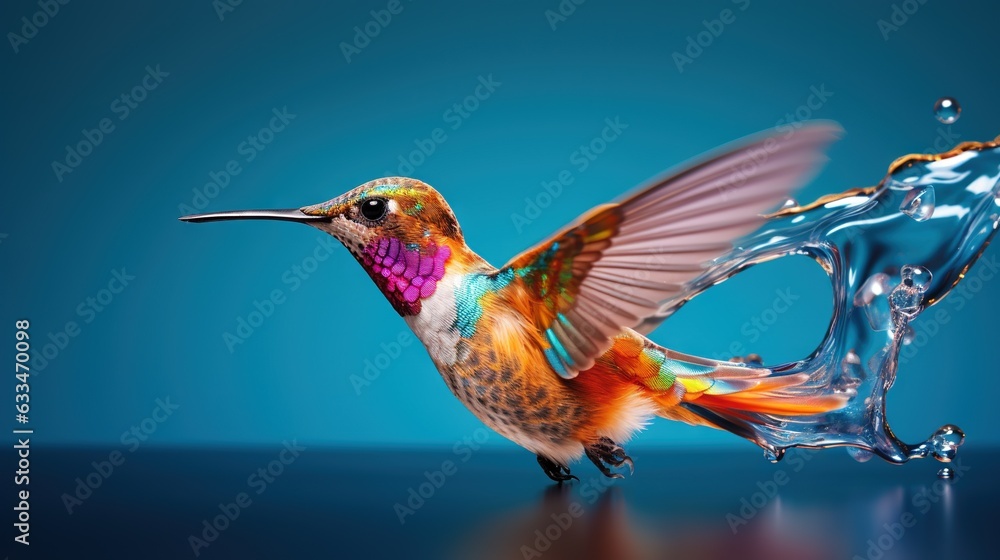 a colorful hummingbird flying next to a blue liquid drop. generative ai a colorful hummingbird flying next to a blue liquid drop. generative ai
