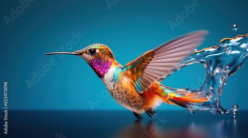  a colorful hummingbird flying next to a blue liquid drop.  generative ai © Anna