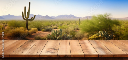 Empty rustic old wooden boards table copy space with cactus growing in desert landscape background. Product display template. Generative AI