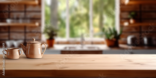 Wallpaper Mural Wooden table with kitchen background with oven, unfocused Torontodigital.ca