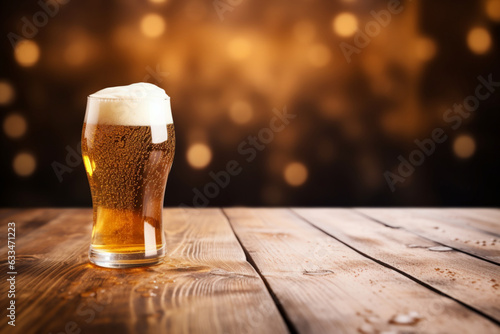 A glass of beer on a wooden bar table 1
