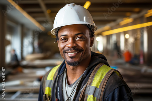 African american man in safety helmet working in workshop. 