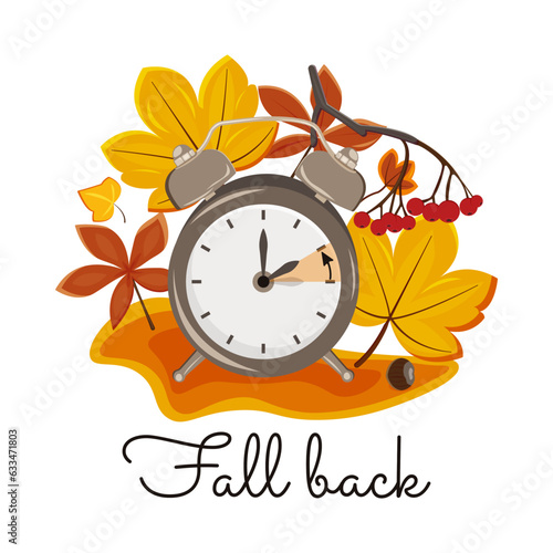Daylight saving time, 2023 concept. Alarm clock on the autumn leaves background. The reminder text - set clock back one hour. Vector illustration