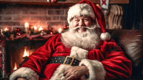 Santa Claus sitting in chair by the fireplace. Christmas and New Year concept. Home decoration. 