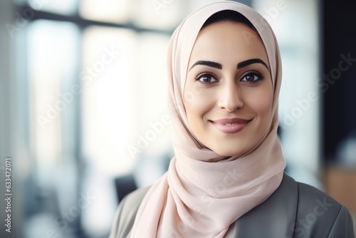 Middle aged arab businesswoman with a hijab smiling in a modern office © NikoG