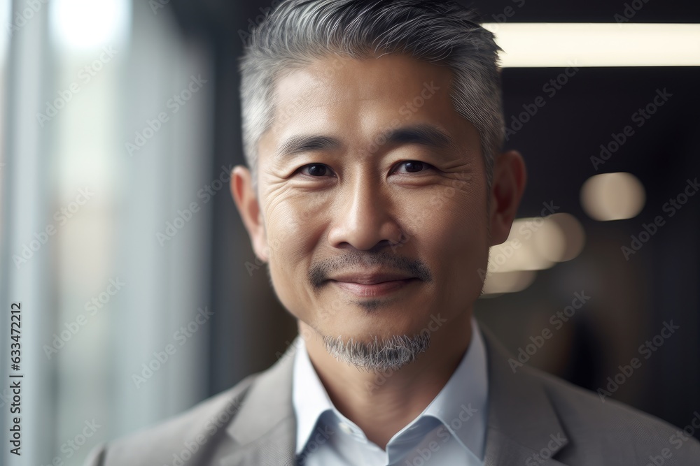 Middle aged asian businessman smiling and looking at camera in the office portrait Middle aged asian businessman smiling and looking at camera in the office portrait