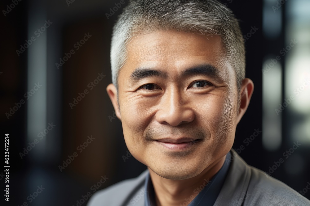 Middle aged asian businessman smiling and looking at camera in the office portrait Middle aged asian businessman smiling and looking at camera in the office portrait