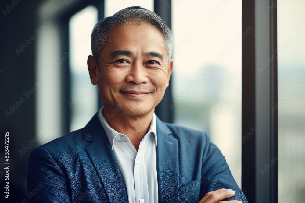 Middle aged asian businessman smiling and looking at camera in the office portrait Middle aged asian businessman smiling and looking at camera in the office portrait