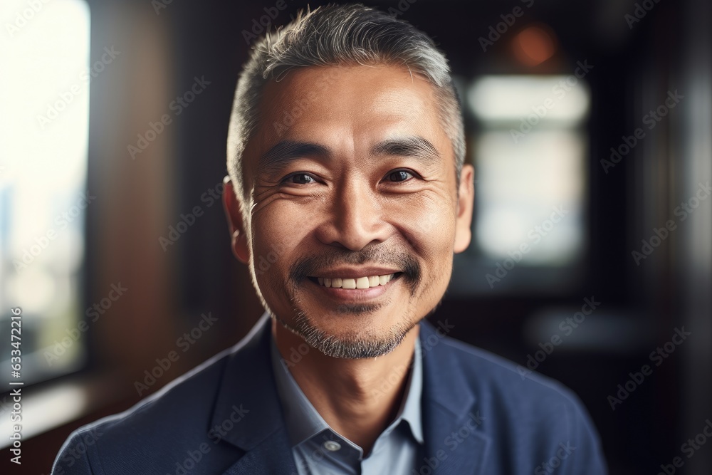 Middle aged asian businessman smiling and looking at camera in the office portrait Middle aged asian businessman smiling and looking at camera in the office portrait