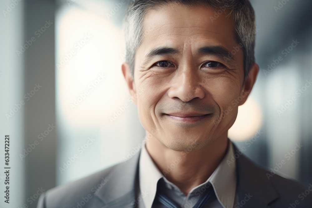 Middle aged asian businessman smiling and looking at camera in the office portrait Middle aged asian businessman smiling and looking at camera in the office portrait