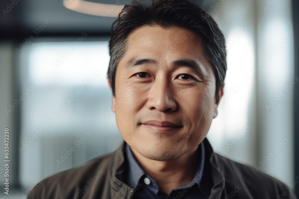 Middle aged asian businessman smiling and looking at camera in the office portrait Middle aged asian businessman smiling and looking at camera in the office portrait