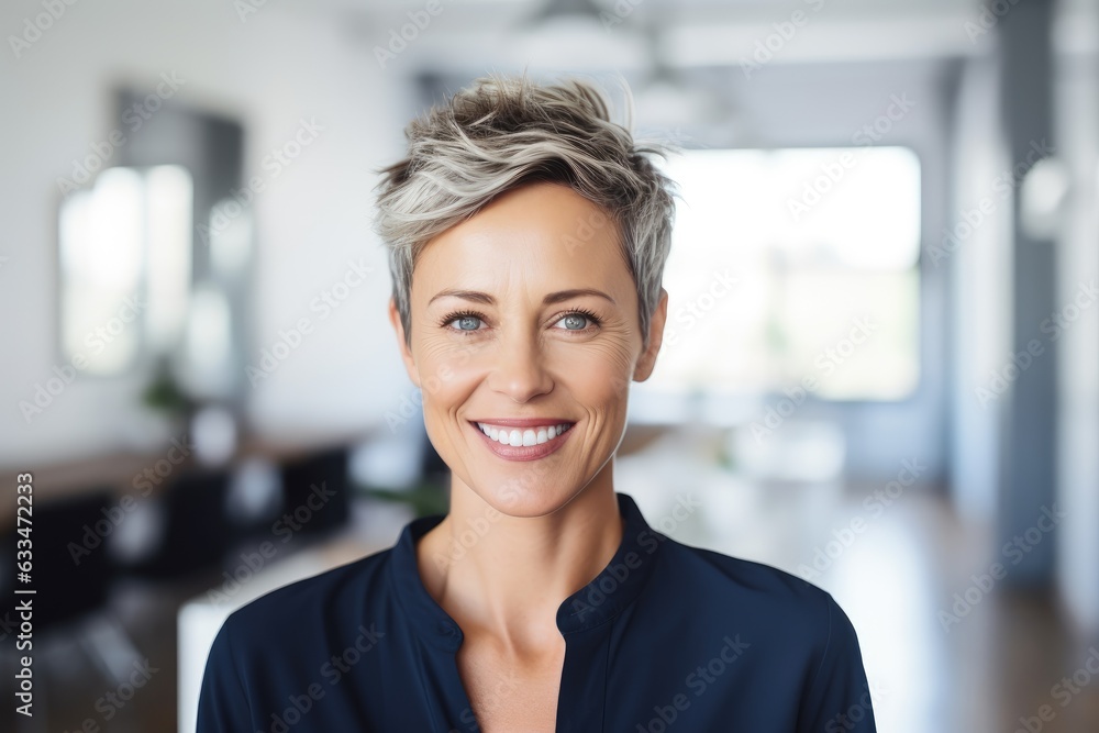 Middle aged businesswoman with short hair smiling and looking at camera in office Middle aged businesswoman with short hair smiling and looking at camera in office