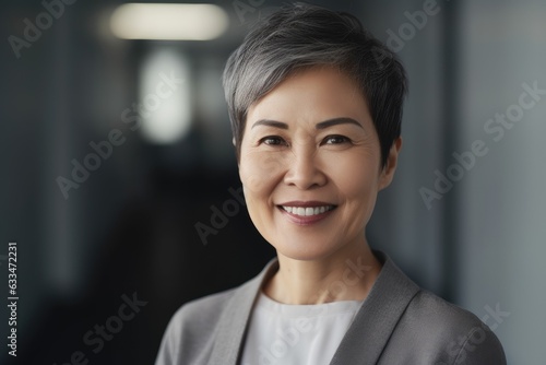 Middle aged asian businesswoman with short hair smiling and looking at camera in office