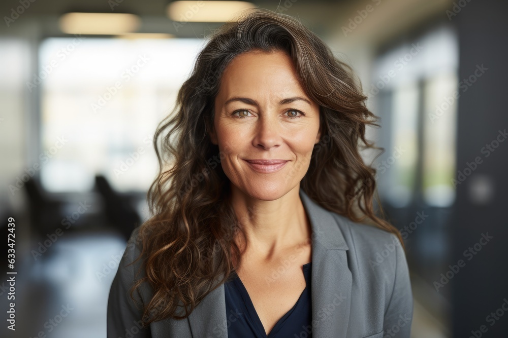 Portrait of a middle aged caucasian businesswoman looking at camera in the office Portrait of a middle aged caucasian businesswoman looking at camera in the office