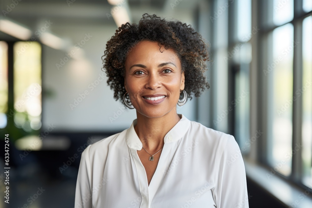 Portrait of a middle aged woman of african ethnicity looking at camera in the office Portrait of a middle aged woman of african ethnicity looking at camera in the office