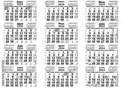 calendario 2024 santos y lunas España en gris