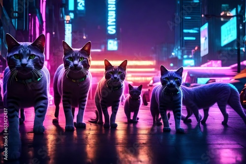Cyberpunk Style Street Cat Gangs on the Prowl in Futuristic Neon Lit Street Cat City © Haseeb