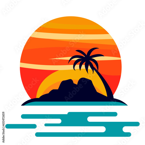 Sun beach island coconut tree logo template stock vector illustration, tropical island logo template, sunset or sunrise , island with palm trees and beach stock vector image