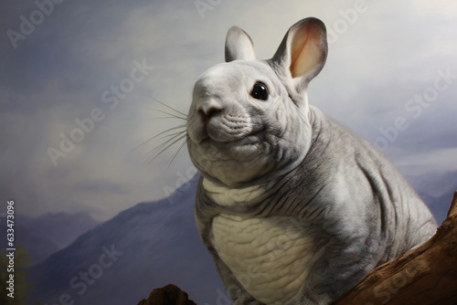 Portrait of a gray chinchilla on a background of blue sky