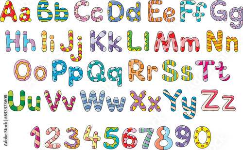 Funny kids font with colorful English alphabet and numbers, a vector set of letters and numerals isolated on a white background