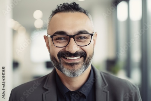 Middle aged businessman of latin ethnicity smiling in a modern office © CojanAI