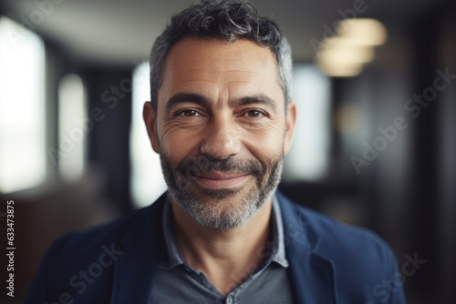 Middle aged businessman of latin ethnicity smiling in a modern office