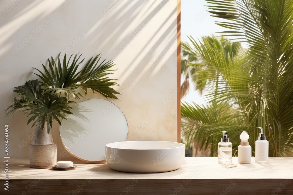 A stunning white vanity set with a ceramic wash basin, a round mirror, and a potted tropical palm tree is depicted in a render. The scene is filled with morning sunlight, creating a beautiful ambiance A stunning white vanity set with a ceramic wash basin, a round mirror, and a potted tropical palm tree is depicted in a render. The scene is filled with morning sunlight, creating a beautiful ambiance