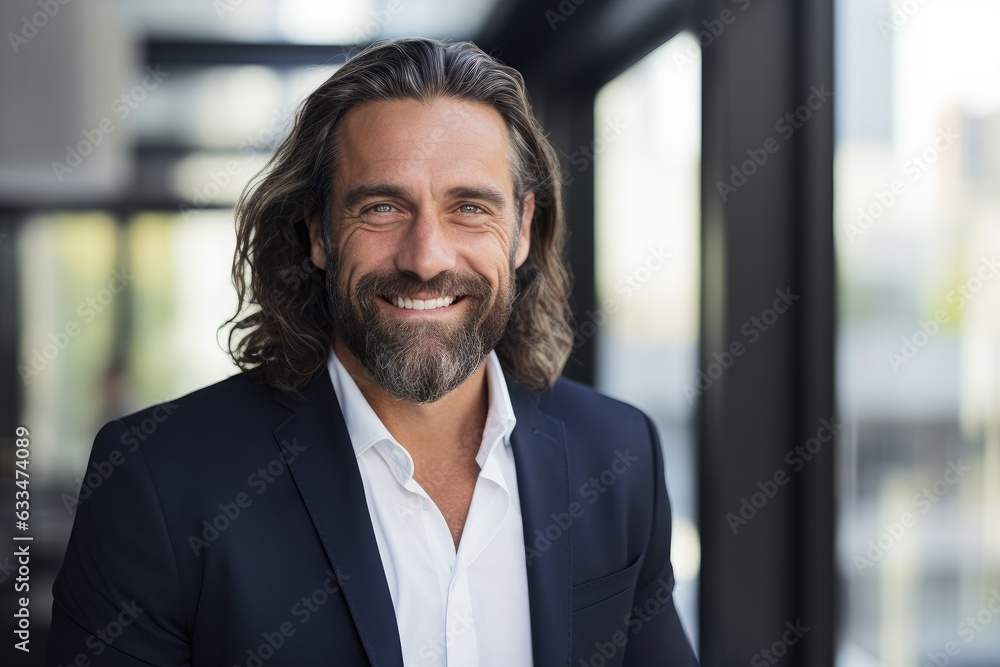 Fototapeta premium Middle aged caucasian businessman with long hair and a beard in the office smiling