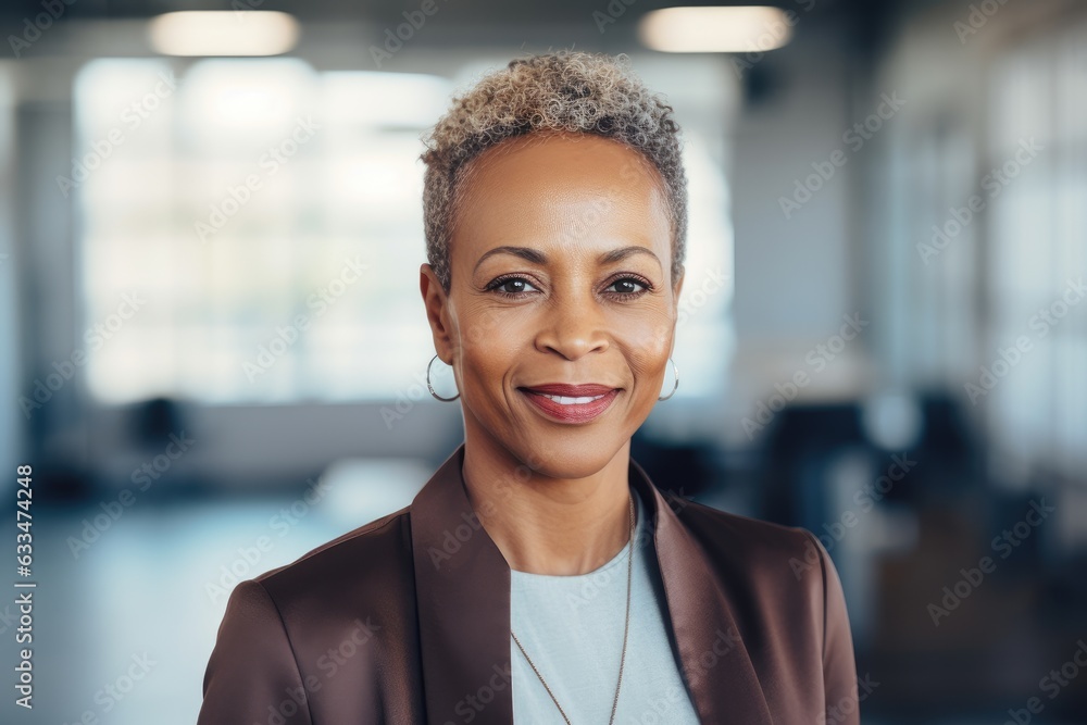Portrait of a middle aged african american businesswoman with short hair looking at camera in the office Portrait of a middle aged african american businesswoman with short hair looking at camera in the office