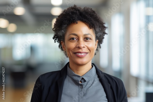 Portrait of a middle aged woman of african ethnicity looking at camera in the office