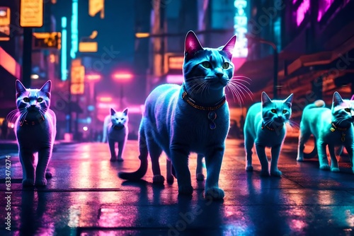 Cyberpunk Style Street Cat Gangs on the Prowl in Futuristic Neon Lit Street Cat City