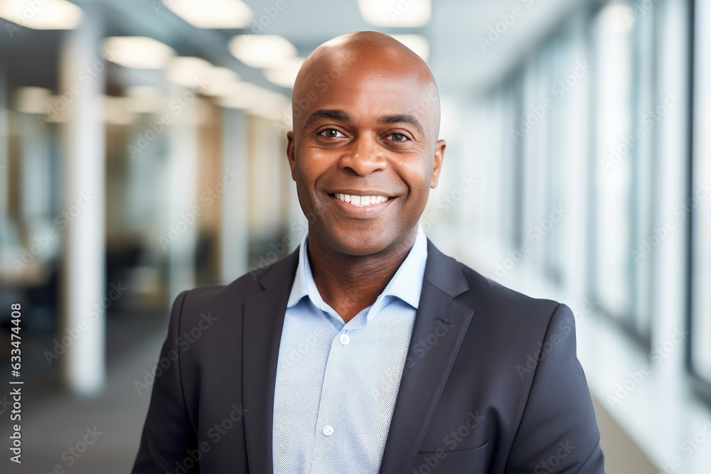 Portait of a middle aged businessman of african ethnicity in an office looking at camera Portait of a middle aged businessman of african ethnicity in an office looking at camera