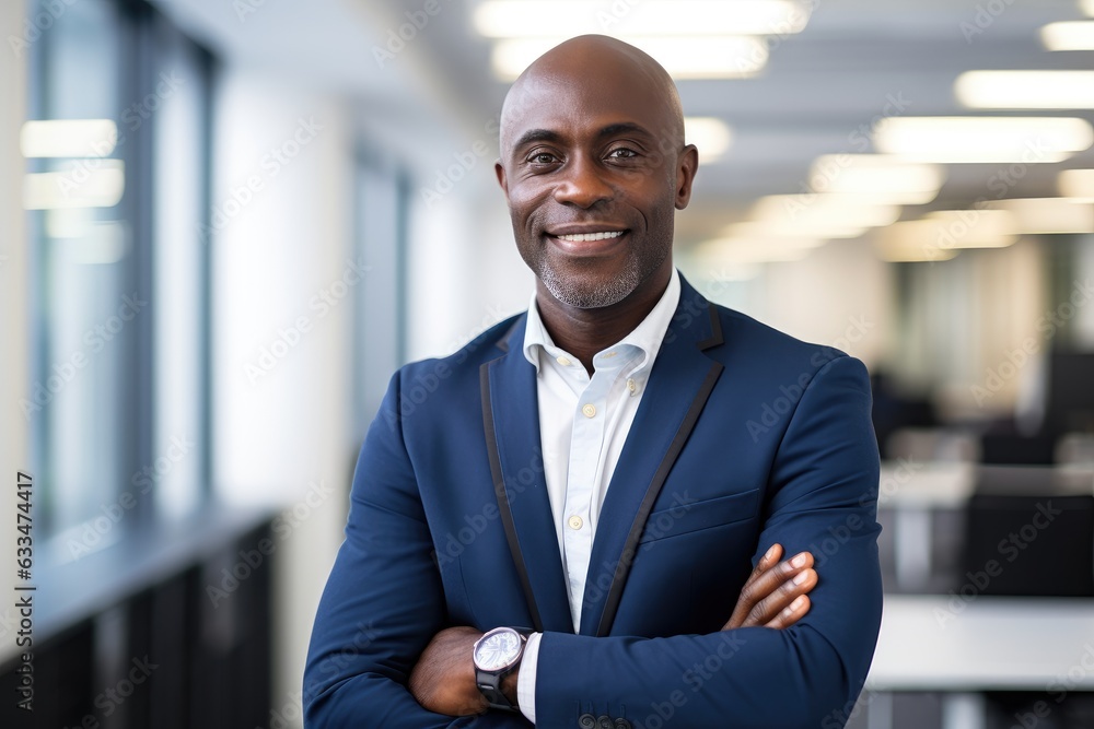 Portait of a middle aged businessman of african ethnicity in an office looking at camera Portait of a middle aged businessman of african ethnicity in an office looking at camera
