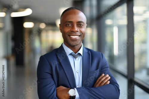 Portait of a middle aged businessman of african ethnicity in an office looking at camera