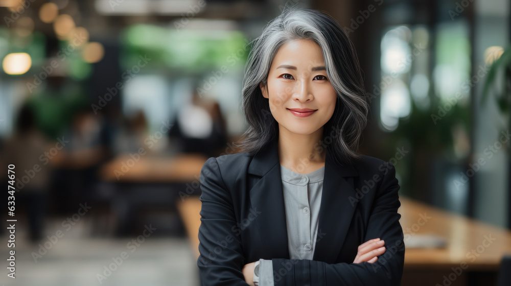 Japanese business woman 40-50 years old closeup in the office, generative ai Japanese business woman 40-50 years old closeup in the office, generative ai