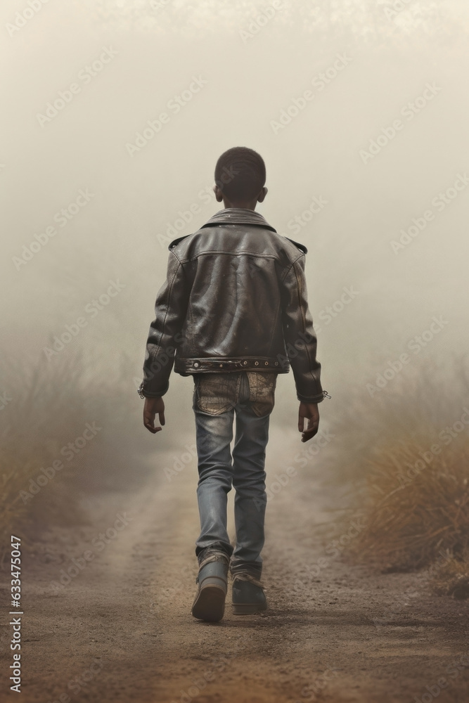 young African american boy walking down a dirt foggy path. rural fantasy landscape. 
