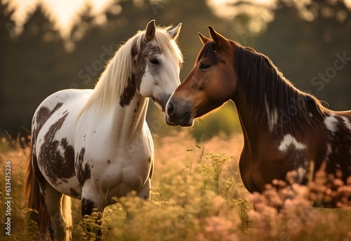 Fototapeta Portrait of two beautiful horses touching noses, lovely, on a natural green farm