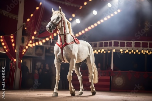 White horse portrait in the circus, performing, festive clothing, at night light, bright yellow, red colors, illumination, AI Generated