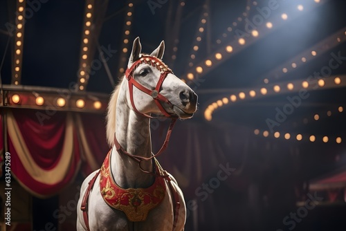 White horse portrait in the circus, performing, festive clothing, at night light, bright yellow, red colors, illumination, AI Generated