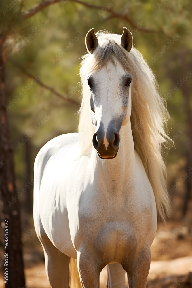 Obraz premium Portrait of beautiful white Andalusian horse on a natural green farm background, sunlight, AI Generated